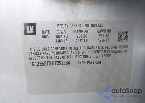 2017 Chevrolet Malibu 1Lt из США, поврежденный, VIN 1G1ZE5STXHF292884